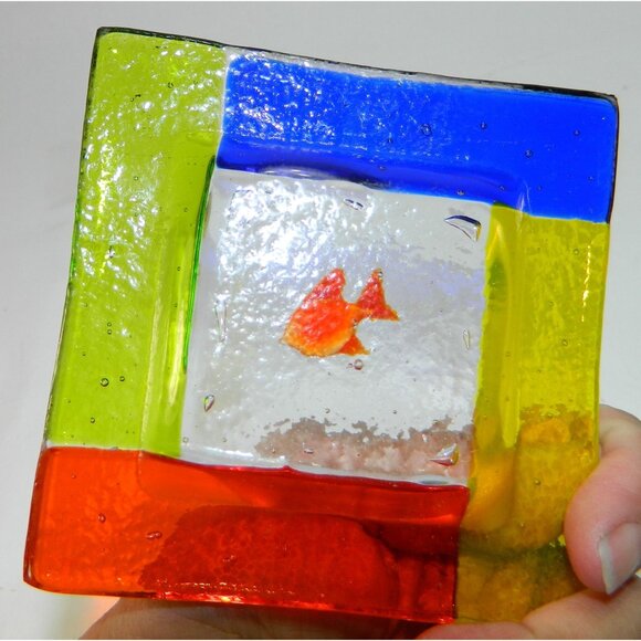 Handcrafted Colorful Glass Dish Fish Motif - 4" Square Ashtray Votive Candle - Picture 6 of 7